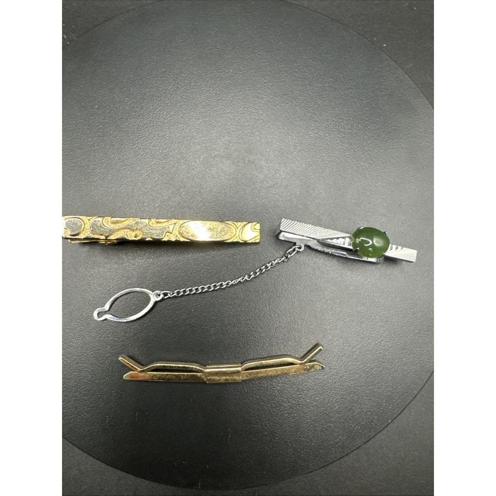 Vintage Anson Tie Bar Clip Lot Gold Silver Tone Green Stone Mid Century Mens 3pc